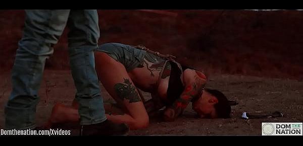  Ass eating bondage slave cries while her feet get caned outdoors in the dirt - Rocky Emerson
